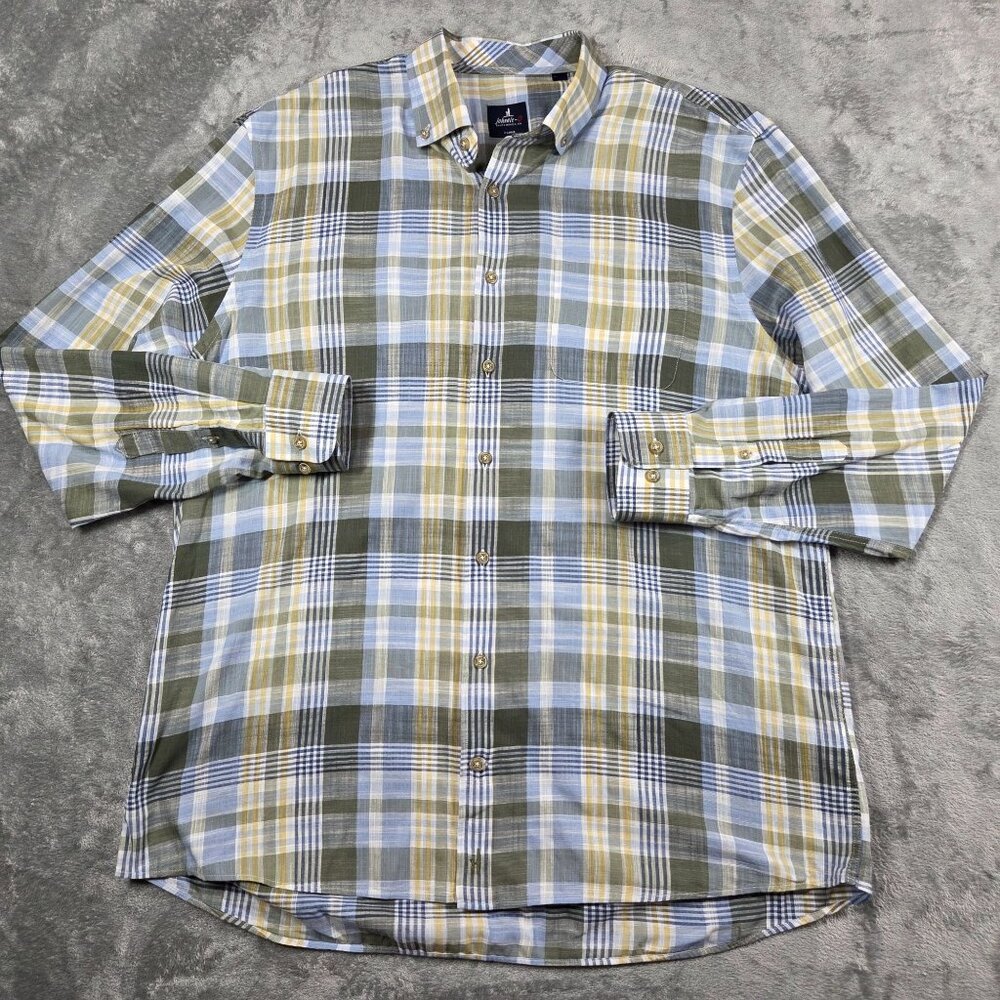 Johnnie O Shirt Mens XL Green Blue Jungle Plaid Cedric Tucked Preppy Button Up